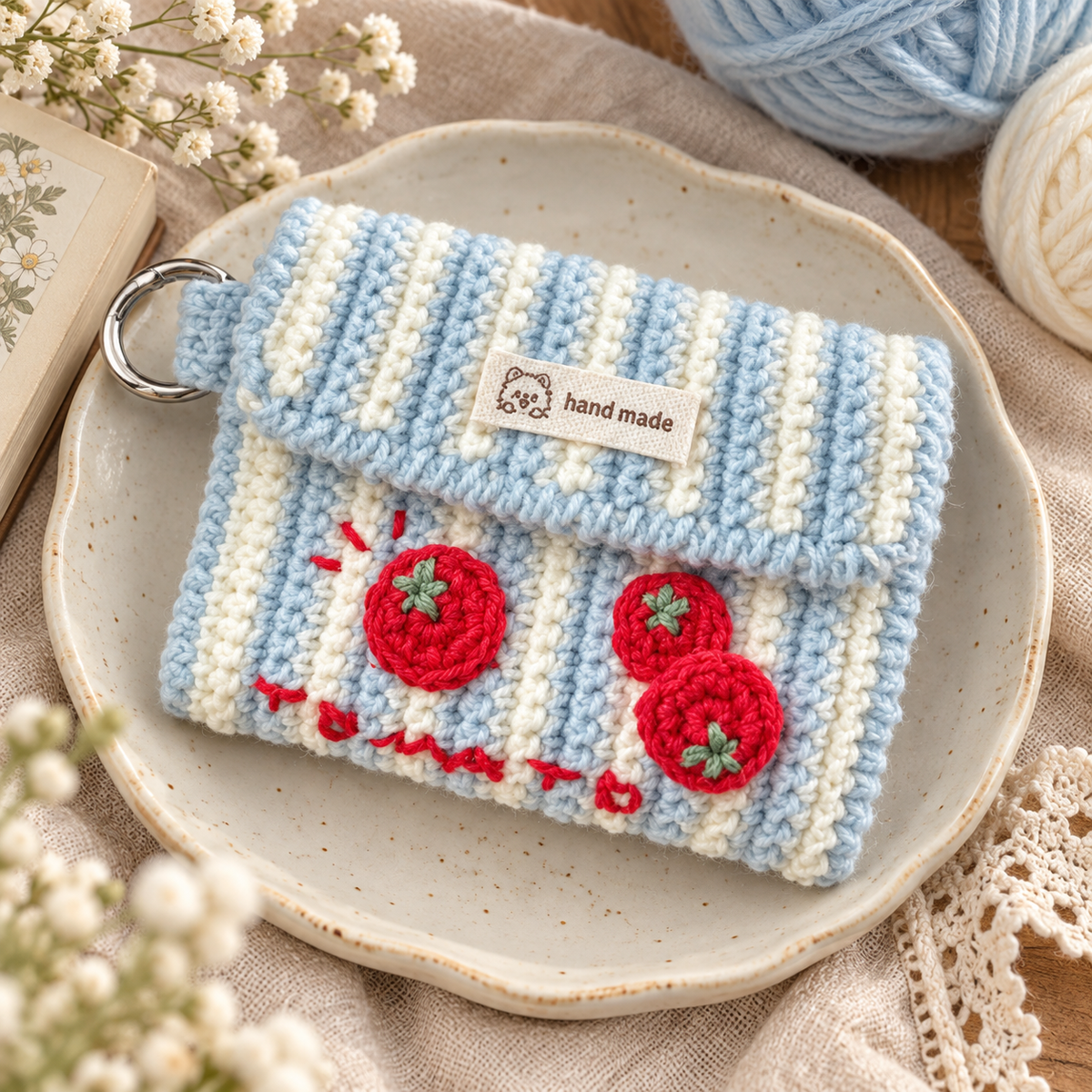 Livqento® Handmade Crochet Tomato Coin Purse – Striped Mini Wallet with Key Ring