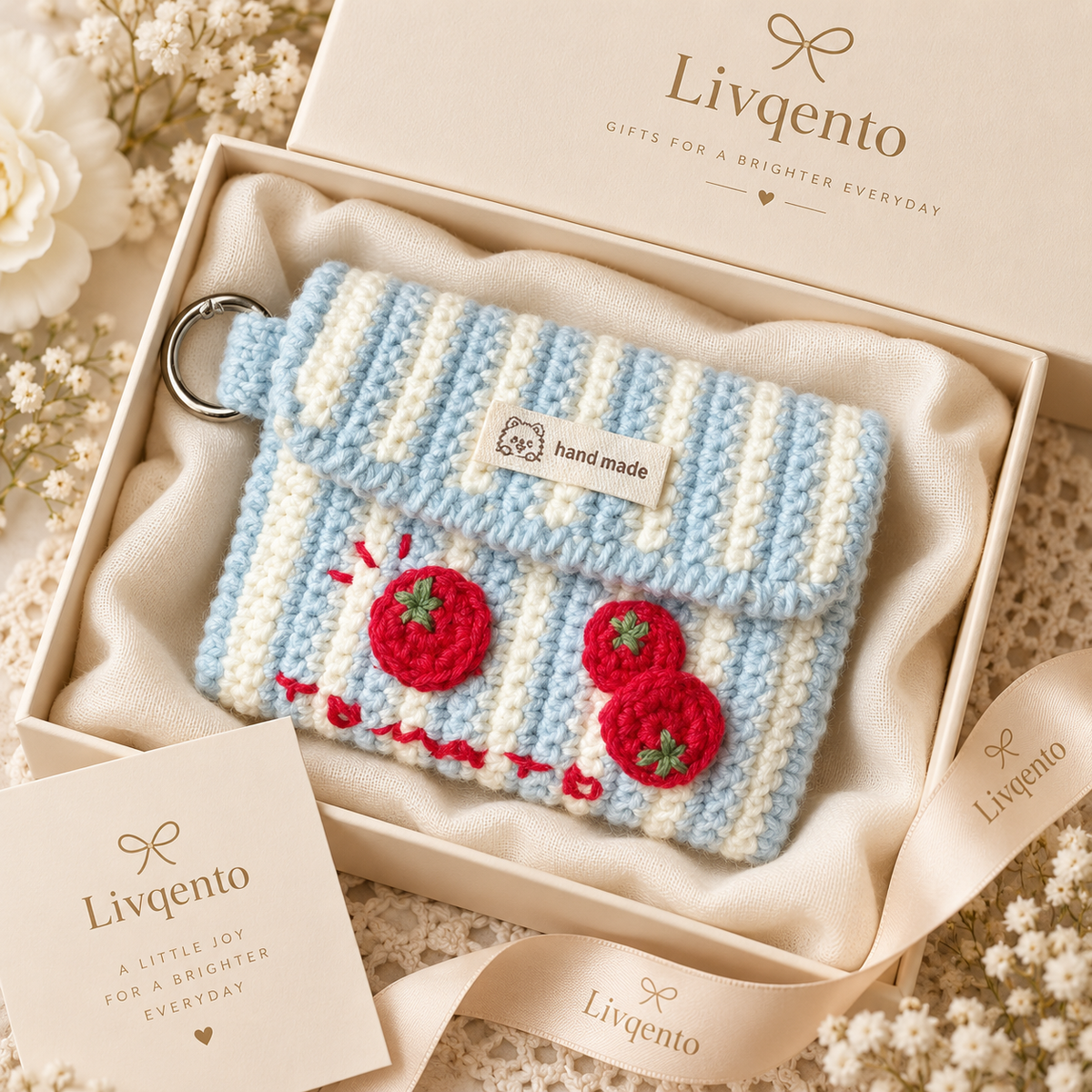 Livqento® Handmade Crochet Tomato Coin Purse – Striped Mini Wallet with Key Ring