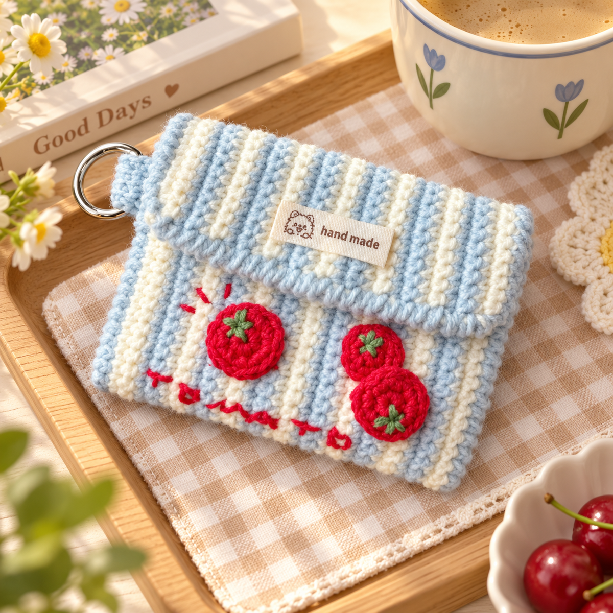 Livqento® Handmade Crochet Tomato Coin Purse – Striped Mini Wallet with Key Ring