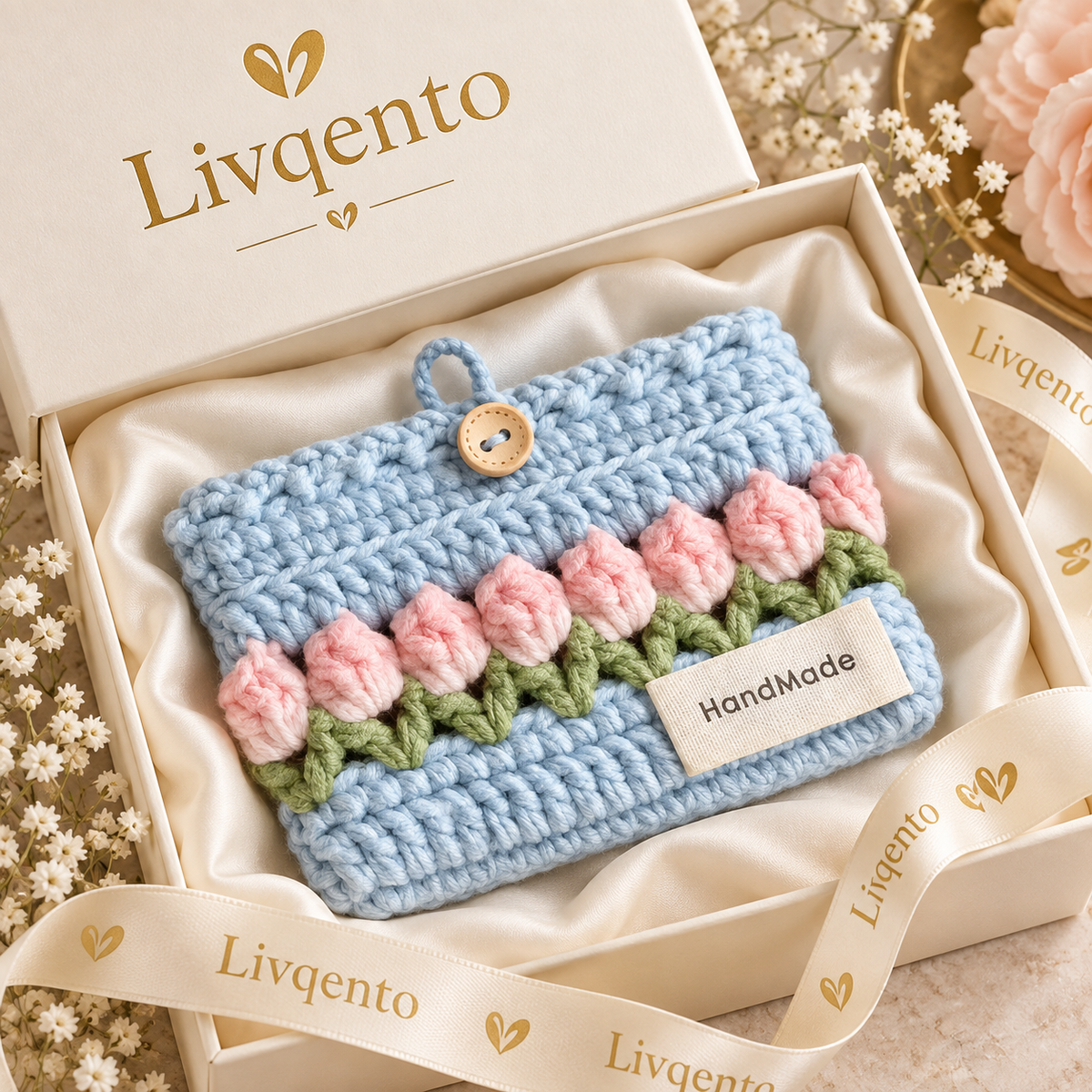 Livqento® Handmade Crochet Tulip Coin Purse – Cute Floral Mini Wallet with Button Closure