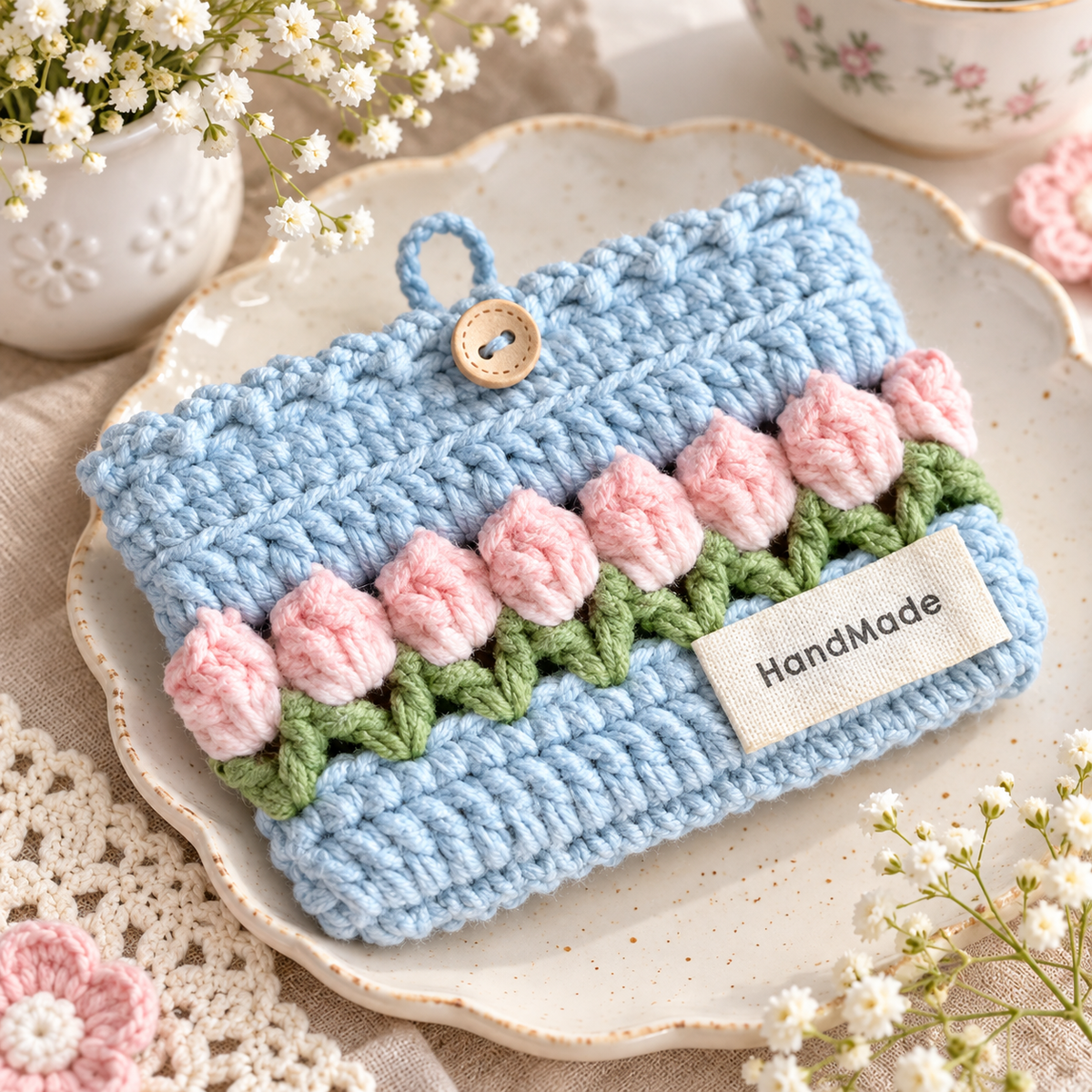 Livqento® Handmade Crochet Tulip Coin Purse – Cute Floral Mini Wallet with Button Closure