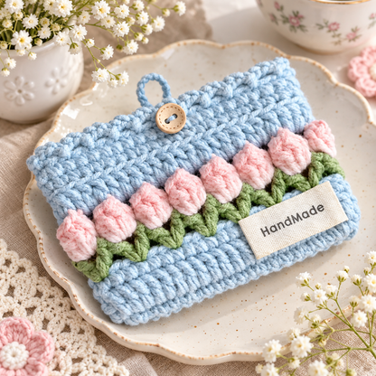 Livqento® Handmade Crochet Tulip Coin Purse – Cute Floral Mini Wallet with Button Closure