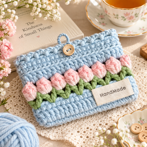 Livqento® Handmade Crochet Tulip Coin Purse – Cute Floral Mini Wallet with Button Closure