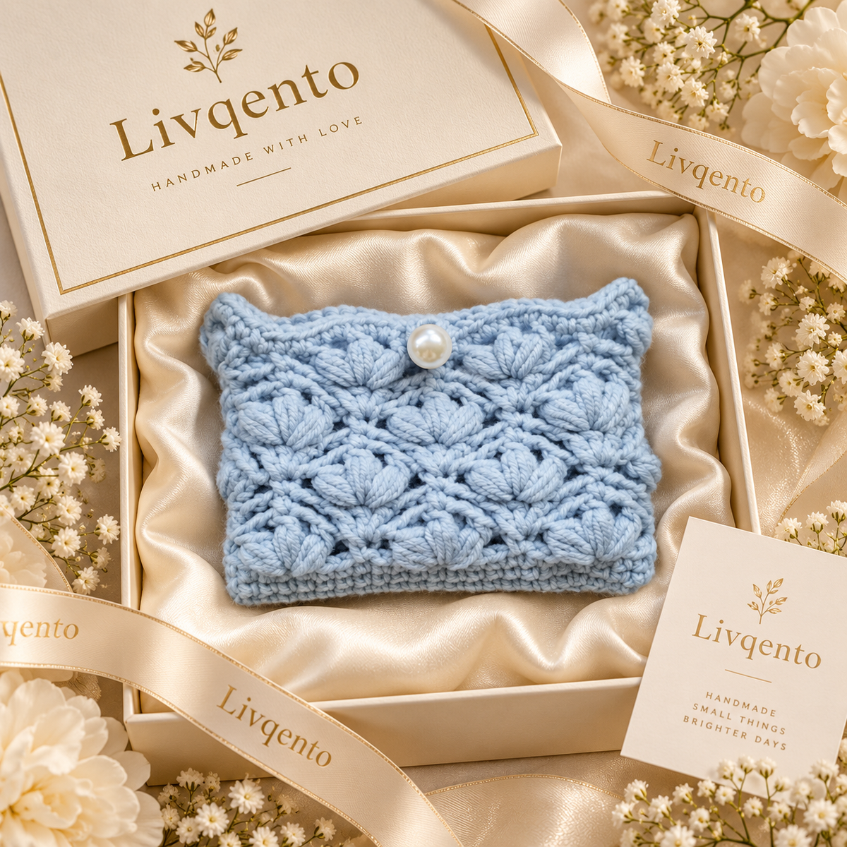Livqento® Handmade Crochet Pearl Coin Purse – Blue Floral Mini Wallet