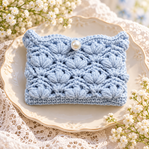 Livqento® Handmade Crochet Pearl Coin Purse – Blue Floral Mini Wallet