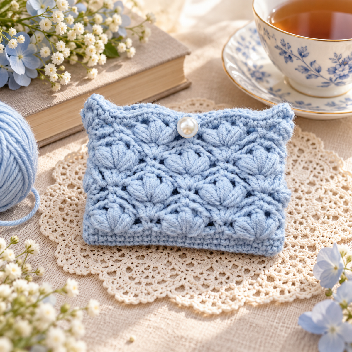 Livqento® Handmade Crochet Pearl Coin Purse – Blue Floral Mini Wallet
