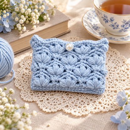 Livqento® Handmade Crochet Pearl Coin Purse – Blue Floral Mini Wallet
