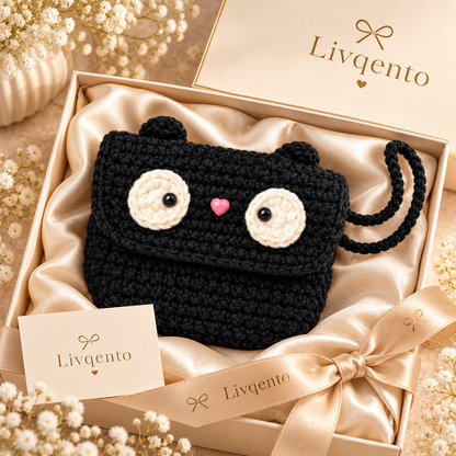 Livqento® Handmade Crochet Animal Coin Purse – Cute Black Mini Wallet with Wrist Strap