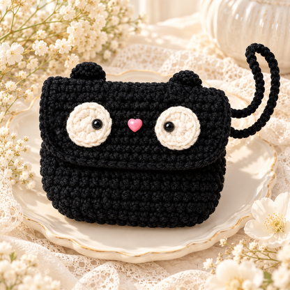 Livqento® Handmade Crochet Animal Coin Purse – Cute Black Mini Wallet with Wrist Strap