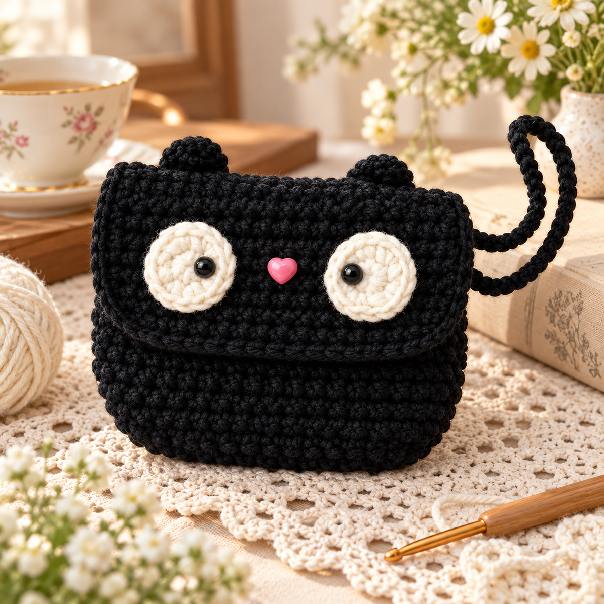 Livqento® Handmade Crochet Animal Coin Purse – Cute Black Mini Wallet with Wrist Strap