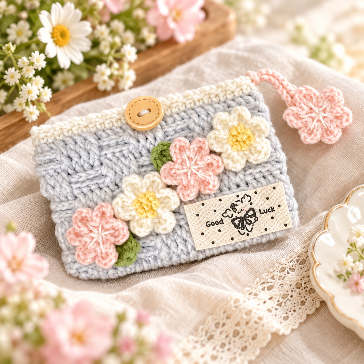Livqento® Handmade Crochet Floral Coin Purse – Cute Knitted Mini Wallet with Button Closure