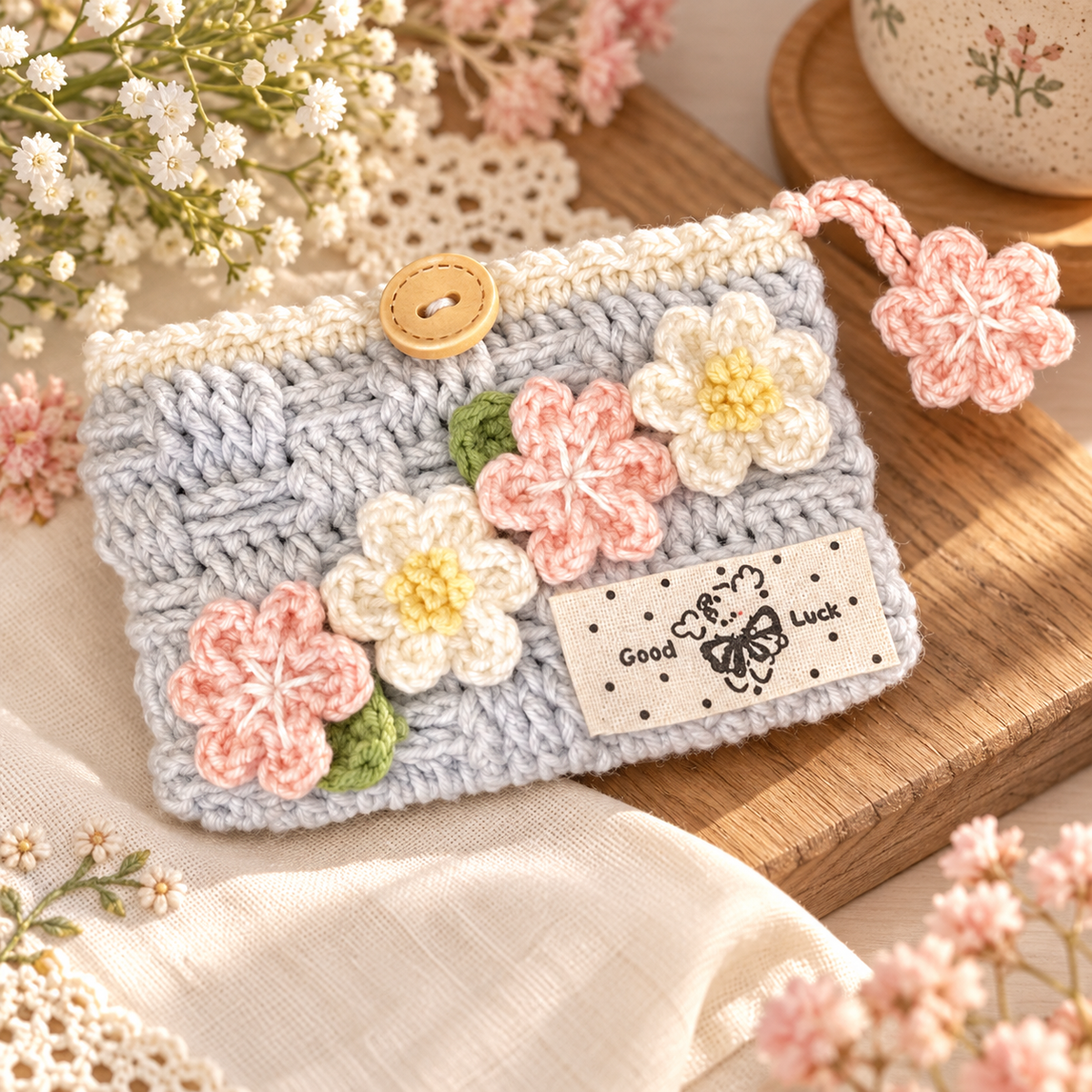 Livqento® Handmade Crochet Floral Coin Purse – Cute Knitted Mini Wallet with Button Closure